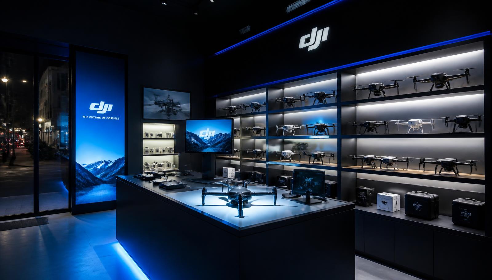 IONRAGE drone experience centre interior with lit display shelves